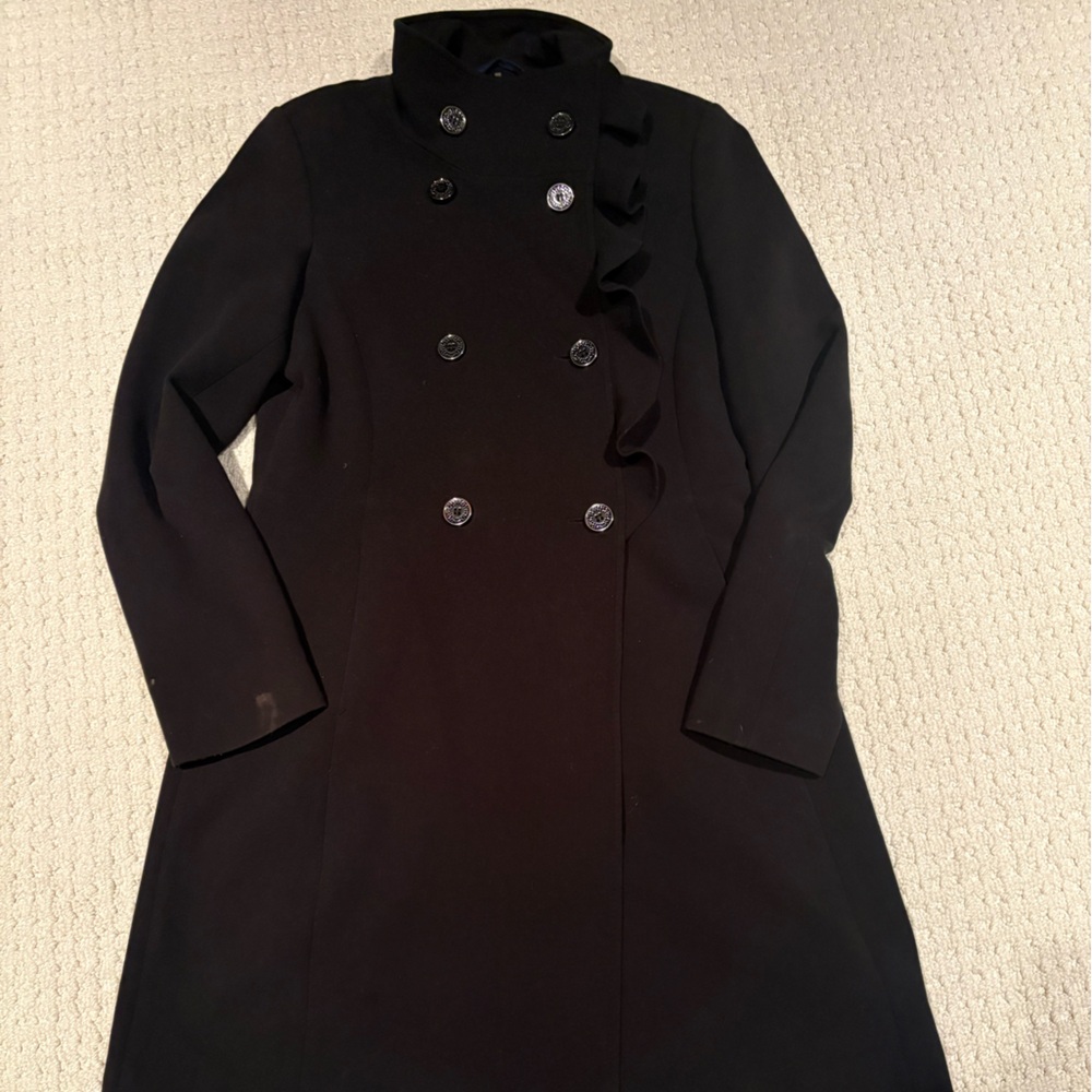Tahari Black Trench Coat with Ruffle Detail